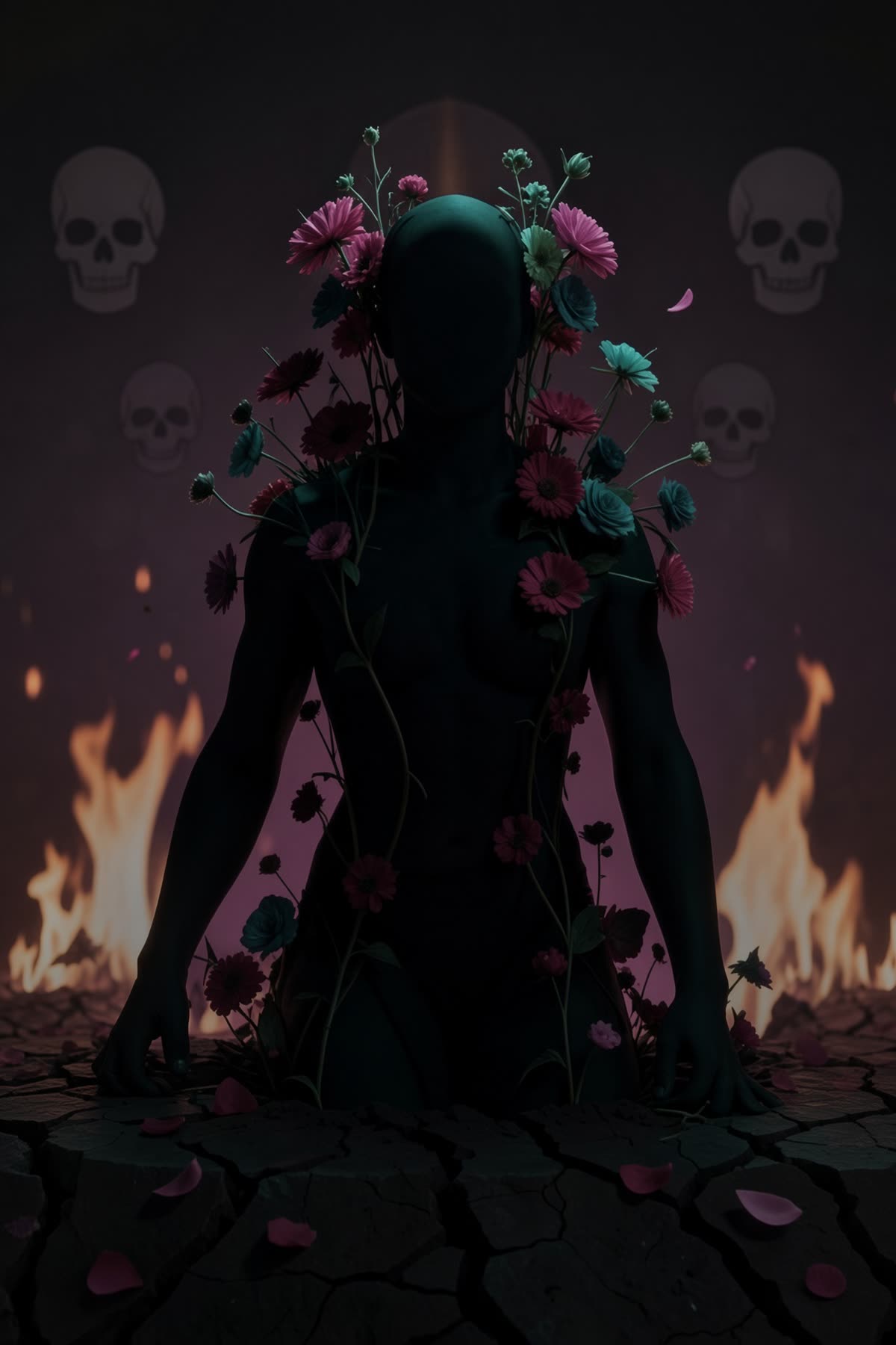 Xochipilli, the flower prince — a faceless figure crowned in living bloom